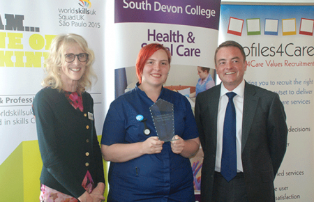Pat Denham OBE, Vice Principal & Deputy CEO at South Devon College, Winner Charlotte Ludwell and Marc Jones of Profiles4Care
