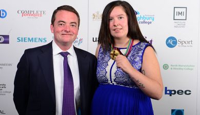 Profiles4Care Director Marc Jones congratulates Gold Medal Winner Jacqueline Boyd at WorldSkills 2015