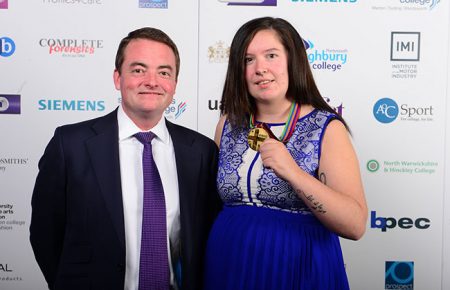 Profiles4Care Director Marc Jones congratulates Gold Medal Winner Jacqueline Boyd at WorldSkills 2015