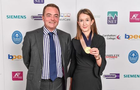 Photograph of WorldSkills 2017 Profiles4Care Managing Director Marc Jones and Gold Medal Winner Harriet McDonald